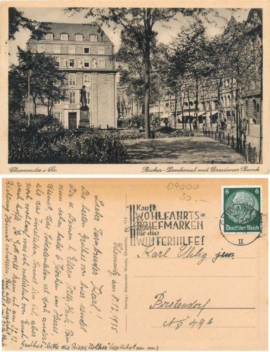 Chemnitz Becker-Denkmal mit Dresdener Bank o 9.12.1935