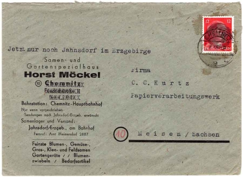 Chemnitz Saxon blackening 12 Pfennig Hitler on cover o Chemnitz 1945
