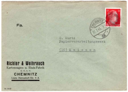 Chemnitz OPD blackening AP 788 12 Pfg Hitler on letter July 31, 1945 to Meissen