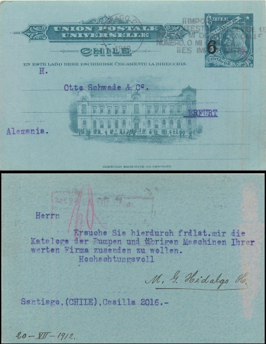 Chile postal stationery with overprint 6 Centavos o July 20, 1912