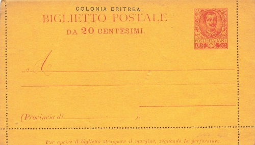 Colonia Eritrea Biglietto Postale 20 Centesimi card letter postal stationery