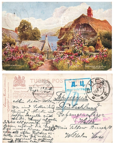 Cornwall Cottages at Gillan Tucks Oilette from Riga via Petrograd Censorship stamp half o 20.7.1915