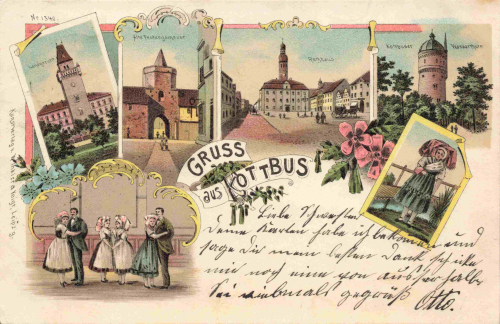 Cottbus Mehrbildlitho mit Trachten o 1900