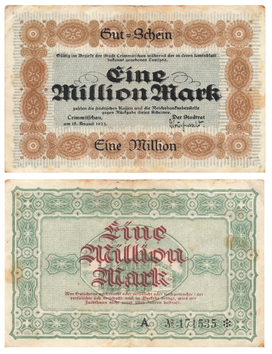 Crimmitschau Eine Million Mark Gutschein 18. August 1923 Notgeld