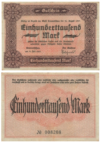 Crimmitschau Einhunderttausend Mark Gutschein 31. Juli 1923 Notgeld