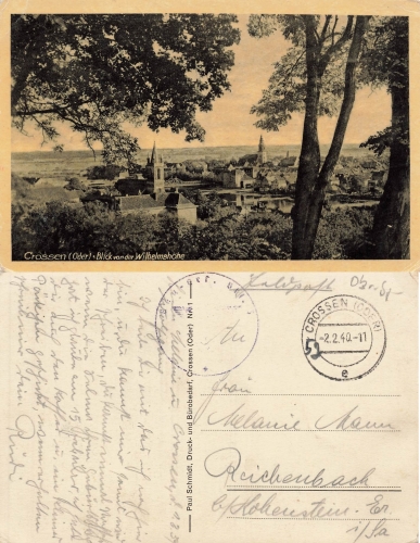 Crossen Oder von der Wilhelmshoehe Krosno Odrzanskie Ostbrandenburg Feldpost 2.2.1940