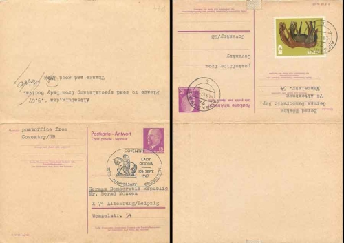 DDR Ganzsache P65A 15 Pfennig Pieck Antwortteil o Split 25.11.1967 nach AltenburgDDR Ganzsache P74 15/15 Pfennig Ulbricht mit Antwortteil o Altenburg 1.9.1967 Antwortteil Coventry 10.9.1967