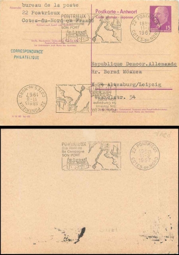 DDR Ganzsache P74A 15 Pfennig Antwortteil o Pontrieux 11.8.1967 nach Altenburg