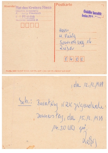 DDR Gebuehr bezahlt beim PFA Riesa auf Karte  1988