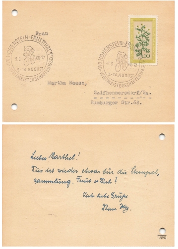 Hohenstein-Ernstthal Rad Weltmeisterschaft Sonderstempel 2.8.1960