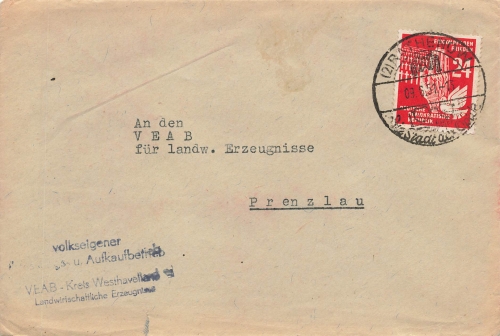 DDR Michel 279 Frieden Einzelfrankatur auf Brief o Rathenow 9.6.1951 nach Prenzlau