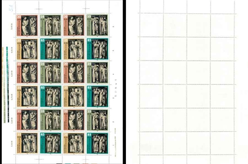 GDR Michel 2808-2811 counter sheet complete with plate error 2809I mint 1983 Plate error 2809I: light spot on the left in Gerburg's robe (25 Pfennig stamp in the sheet above right)