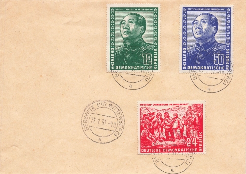 GDR Michel 286-8 German Chinese Friendship Mao Zedong on envelope o Bergwitz July 27, 1951