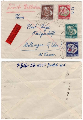 GDR Michel 289 - 292 World Youth Festival on express letter o Berlin W8 17.9.1951