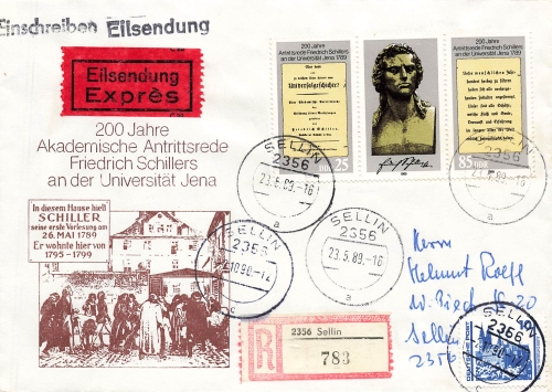 GDR Michel 3254-5 Friedrich Schiller Expres R-Brief FDC o Sellin May 23, 1989