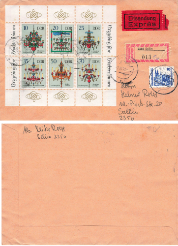 GDR Michel 3289-94 Erzgebirge Leuter spiders FDC on Expres R-Brief o Sellin November 28, 1989