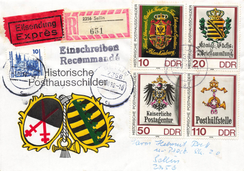 DDR Michel 3306-09 Post und Fernmeldewesen Viererblock auf Expres R-Brief o Sellin 2.10.1990