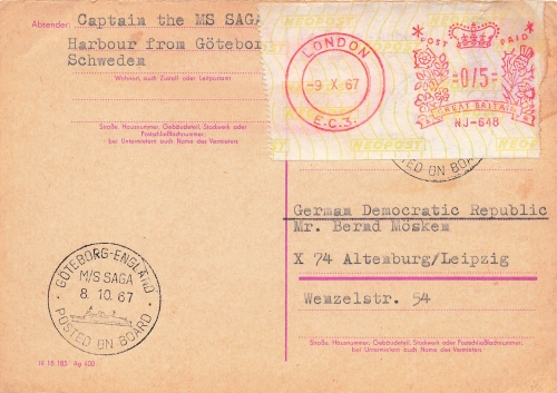 GDR Walter Ulbricht 15 Pfennig answer postal stationery o ship's mail MS SAGA October 8, 1967 additional postage London