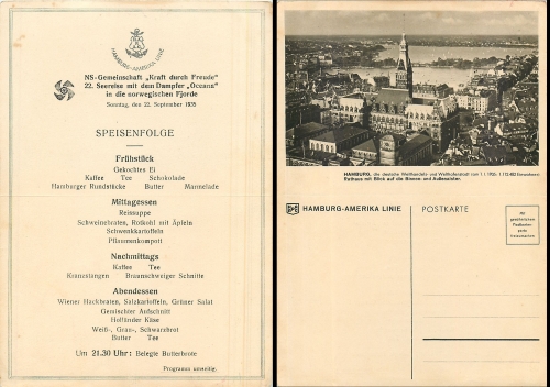 Steamship "Oceana" KdF trip to Norway NS community “Strength through joy” September 22, 1935 Menu card Hamburg-America Line