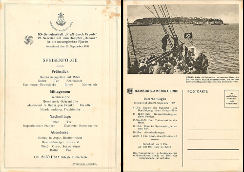 Steamer "Oceana" Hamburg-America-Line KdF- trip to Norway 21.9.1935 menu card