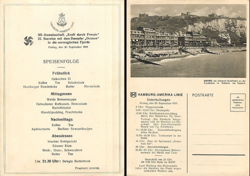 Steamer "Oceana" Hamburg America Line KdF trip to Norway September 20, 1935 menu card