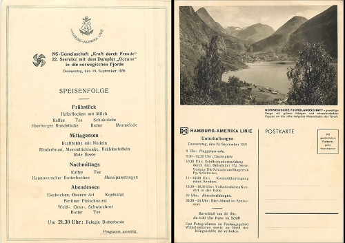 Steamer "Oceana" Hamburg-America-Line KdF- trip to Norway 19.9.1935 menu card