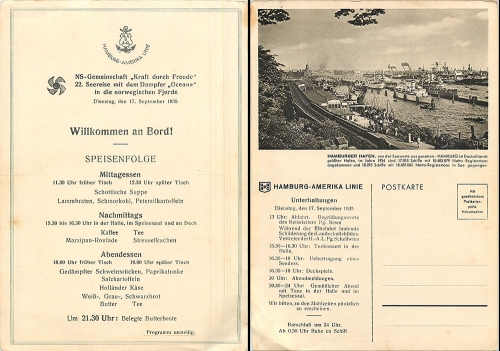 Steamer "Oceana" Hamburg America Line KdF trip to Norway September 17, 1935 menu card