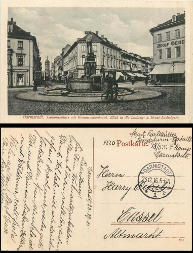 Darmstadt Ludwigsplatz with Bismarck Monument on December 23, 1916