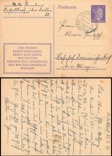 The Fuhrer only knows combat,... postal stationery 6 Pfennig Hitler in the frame o Kesselsdorf 24.4.1944