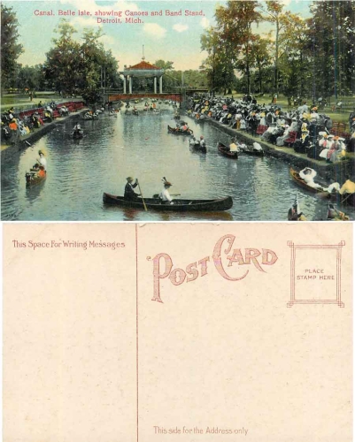 Michigan Detroit Belle Isle Canal showing Canoes and Band Stand *ca.1910