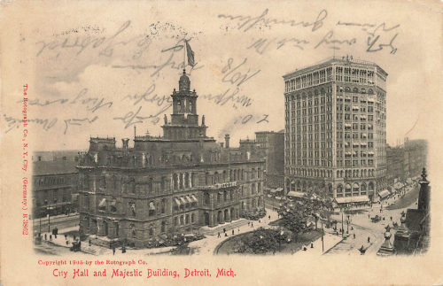 Michigan Detroit City Hall a. Majestic Building embossed card o July 14, 1907