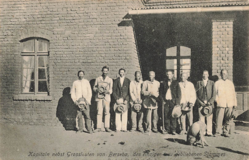 Captain and his entourage from Berseba of the only remaining loyal tribe of German South West Africa * around 1905
