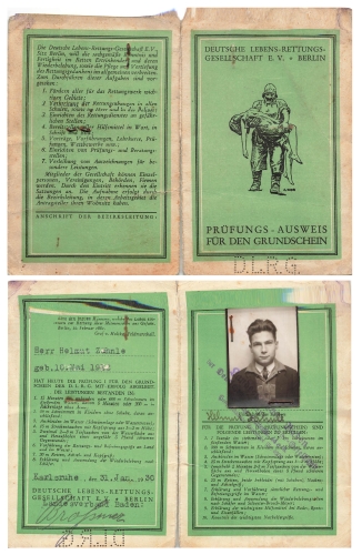 German Life Saving Society DLRG Examination Card Karlsruhe1930 Helmut Zaehnle