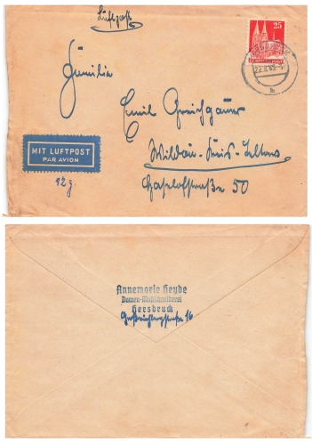 Deutsche Post Michel 87 wg single franking on airmail letter o Hersbruck June 22, 1949