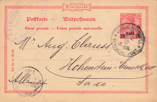 German Post in Turkey postal stationery 20 Para on Reichspost o Constantinople 1902