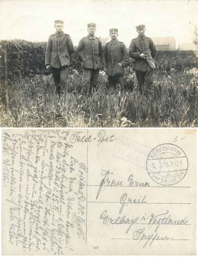 Deutsche Soldaten in Uniform 1.WK Echtfoto gebr. 1915Deutsche Soldaten in Uniform 1.WK Feldpost 58. Inf. Div.  M. J. R. 106. o 1.7.1915