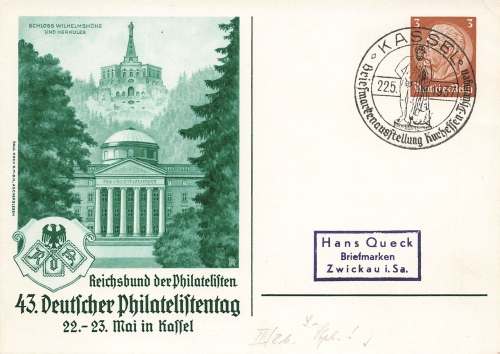 42. Deutscher Philatelistentag 1936 Privatganzsache 5 Pfennig Luftpost PP142C3 Sonderstempel43. Deutscher Philatelistentag 1937 Privatganzsache  Sonderstempel Kassel 22.5.1937 Zudruck grün