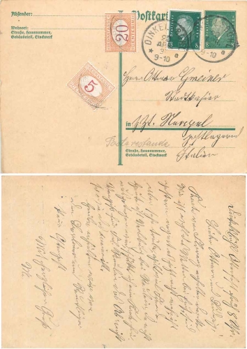German Reich postal stationary Friedrich Ebert with Italian postage due o Dinkelsbuehl 20.4.1930