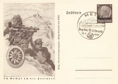 Lorraine on the German Empire 6 Pfennig Hindenburg postal stationery P242 In the fight for freedom Army Group Leader Postage Stamp Day 1941
