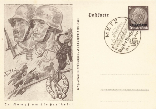Lorraine 6 Pfennig Hindenburg postal stationery P242 In the fight for freedom Infantry o Metz Stamp Day 1941