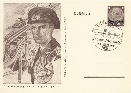 Luxembourg 6 Pfennig Hindenburg stationary P242 In the fight for freedom tanks 1940 o Luxembourg Stamp Day 1941