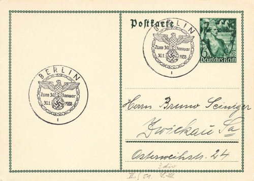 German Empire postal stationery for January 30, 1938 special cancellation Berlin January 30, 1938
