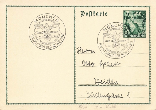 German Empire postal stationery for January 30, 1938 special cancellation Munich capital of the movement January 30, 1938