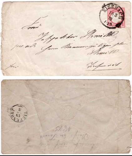German Reich postal stationery envelope with 1 groschen breastplate from Eisenach 18.3.1875 to Tiefenort
