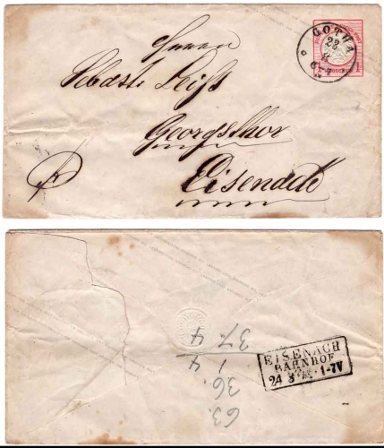 German Reich postal stationery envelope with a small breastplate on a letter from Gotha 8/23/1873 to Eisenach