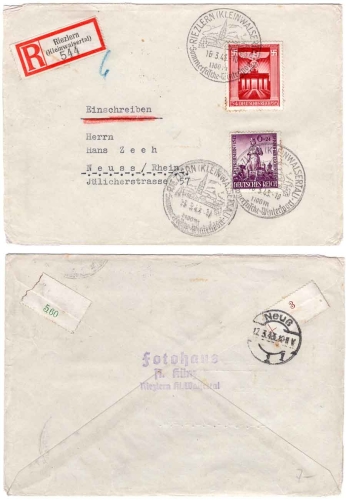 German Reich Michel 819 829 on R-Brief o Riezlern (Kleinwalsertal) 16.3.1943 to Neuss