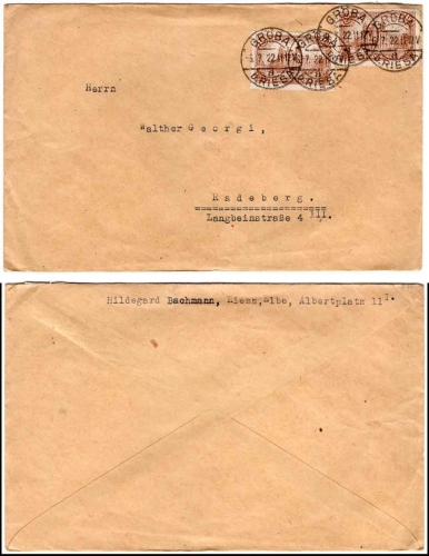 Deutsches Reich Michel 2 x 114 auf Brief von Gröba bei Riesa 6.7.1922 nach Radeberg