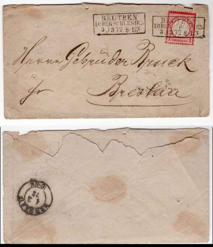 German Empire Michel 4 eagle with a small breastplate on a letter from Beuthen Upper Silesia March 3, 1872 to Breslau