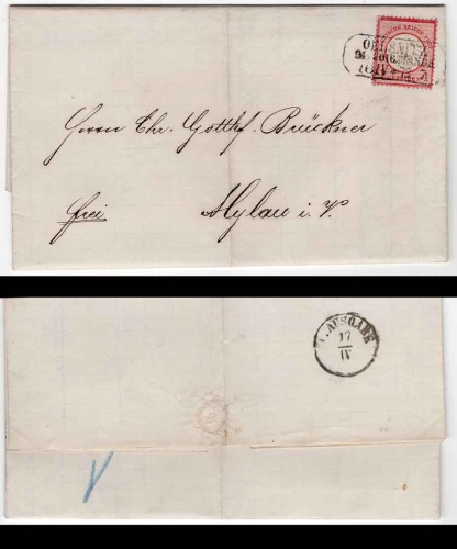 German Reich Michel 19 eagle with a large breastplate on a letter from Oelsnitz Vogtland June 16, 1873 to Mylau
