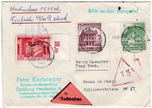 German Reich Michel 763 Hitler and Mussolini 751 and 757 on cash on delivery letter o Duisburg 1941